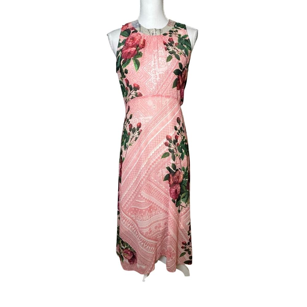 Anthropologie Pankaj & Nidhi pink butterfly garden midi beaded collar size 6